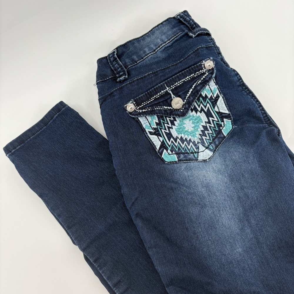 Almost Famous Juniors 7 Distressed Blue Aztec Pocket Denim Jeans